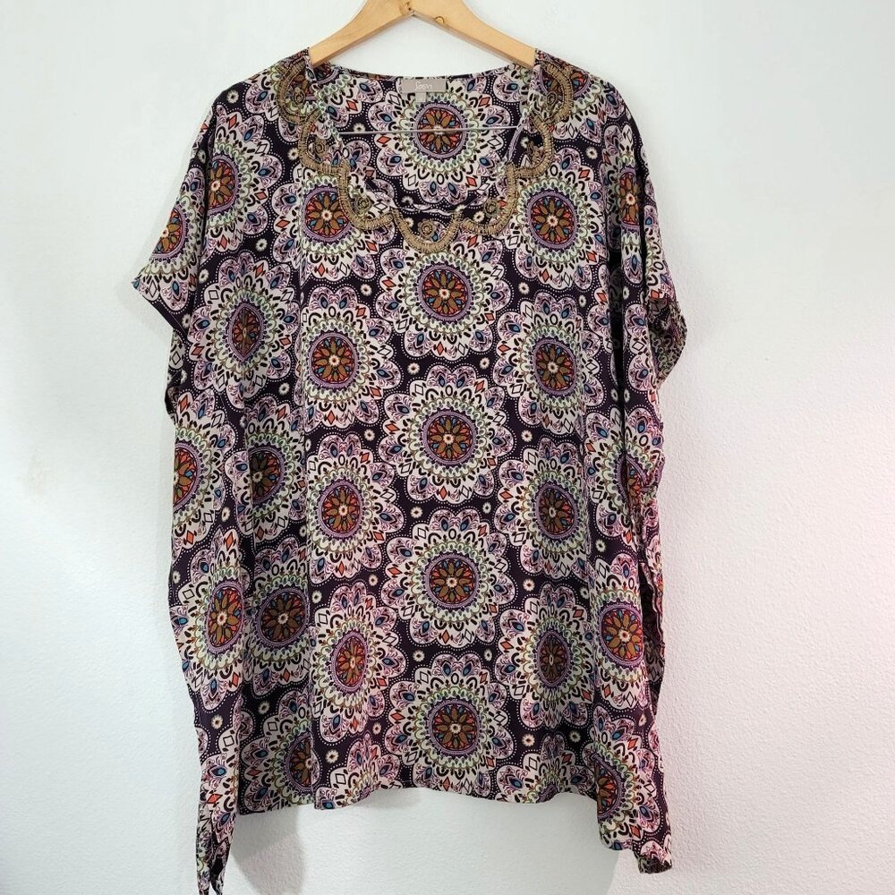 Soon Womens Sz 18 Boho Medallion Embroidered Purple Kaftan Kimono Blouse Top